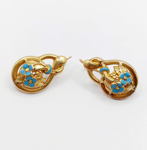 Dormeuses victorienne or 18k fleurs et émail bleu (circa 1890)