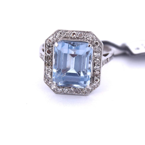 Bague 55 BAGUE EN OR BLANC 18 KT - AIGUE-MARINE ET DIAMANTS - ART DÉCO' 58 Facettes