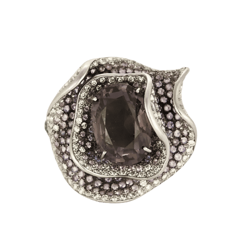 Bague 65 Importante bague fleur en or blanc, Diamants, Tsavorites et Améthyste 58 Facettes LJ25-309