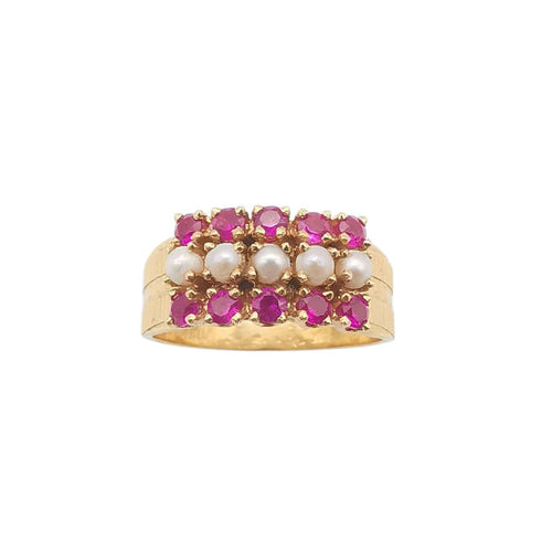 Bague or jaune, perles et rubis