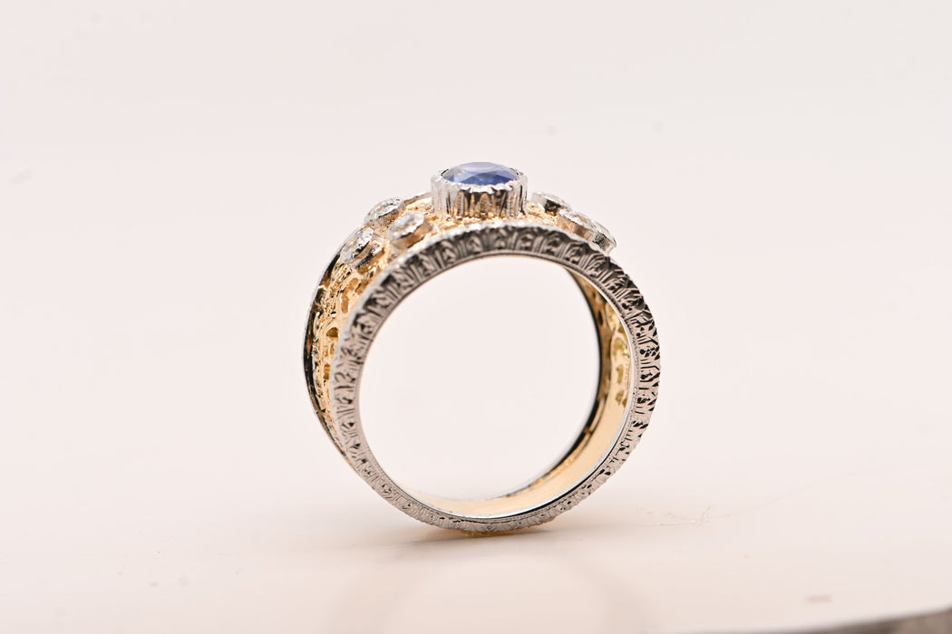 Bague saphir 0,95 carats, diamants, or bicolore