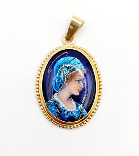 Pendentif Pendentif style Art Nouveau or jaune, plaque émaillée jeune fille, vintage 58 Facettes A05197