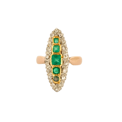 Bague 47.5 Bague Marquise en or, diamants et émeraudes. 58 Facettes P16L18