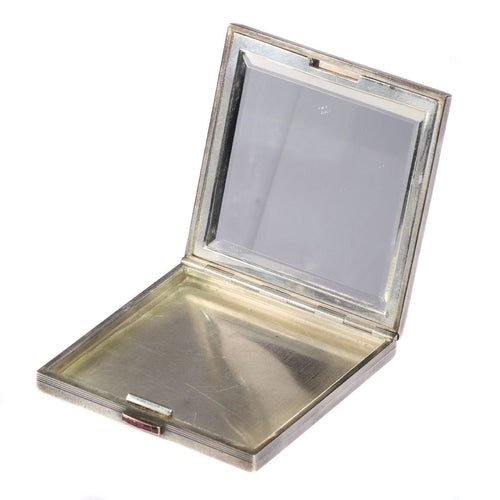 Boîte à poudre de nez en argent français avec miroir intérieur et décor en or et rubis d'oiseaux de paradis 58 Facettes 21020-0179