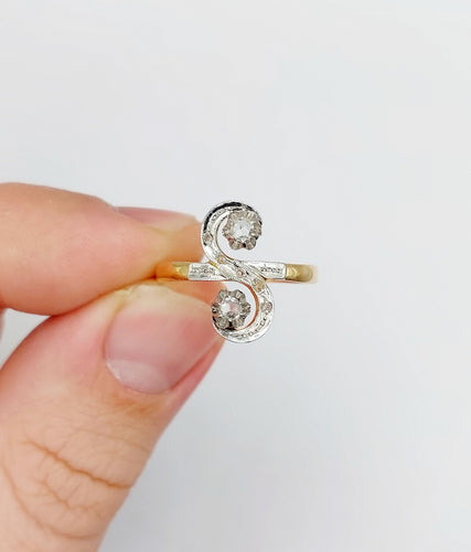 Bague 58.5 Bague marquise antique toi et moi en or 18k et platine, diamants taille roses 58 Facettes A06514