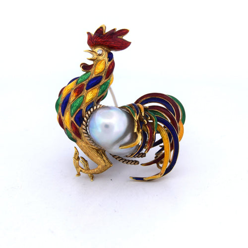 Broche Broche animalière coq en or jaune 18 kt, émaux et perle baroque 58 Facettes