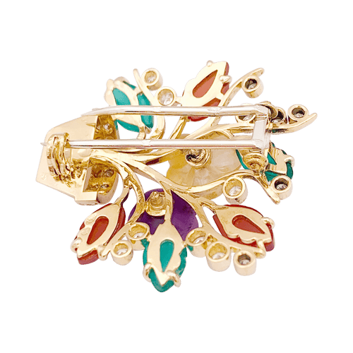 Clip "Fleurs" or jaune, diamants, rubis, pierres de couleur.