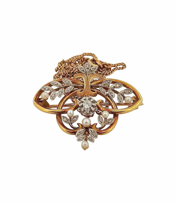 Pendentif Broche Pendentif ancien or jaune, perles, diamants 58 Facettes