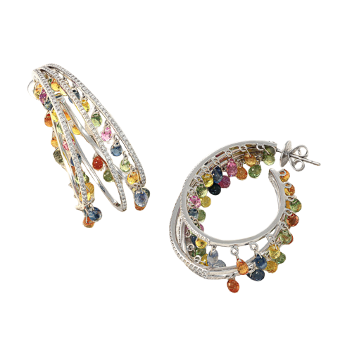 Boucles d'oreilles créoles en or gris, saphirs briolettes et diamants