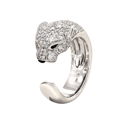 Bague 54 Cartier - Bague Panthère en or gris, émeraudes et diamants 58 Facettes 61E00495