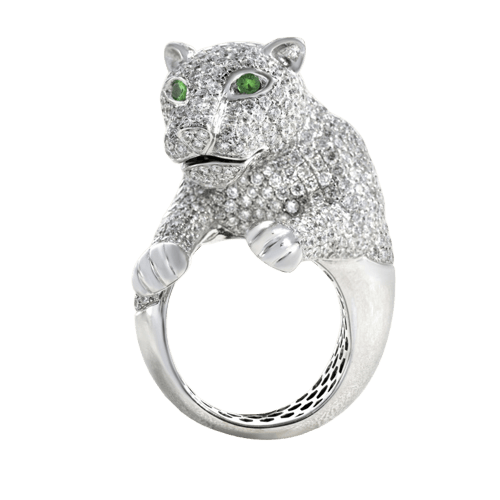 Bague 55 Bague tête de lionceau en or blanc 750/1000, diamants et émeraudes 58 Facettes 61E00474