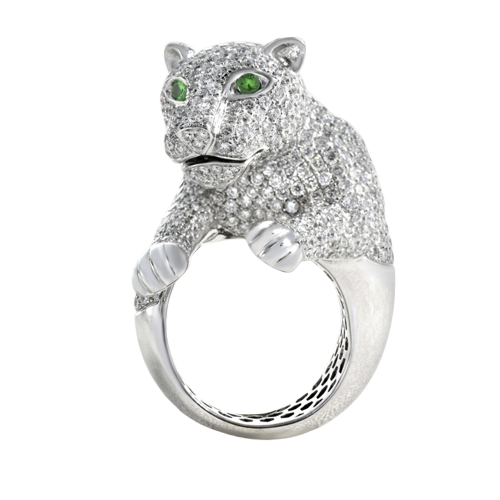 Bague Lionceau en or blanc, diamants et émeraudes