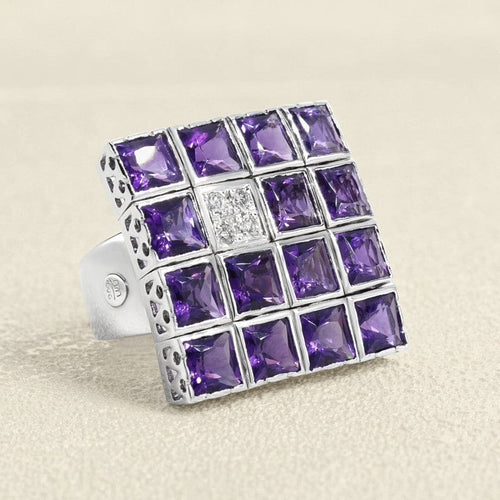 Bague 53 Bague carrée en or gris 18 carats avec améthyste et diamants 58 Facettes 61G00037