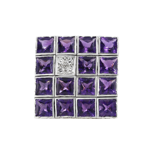Bague carrée en or gris, améthyste et diamants