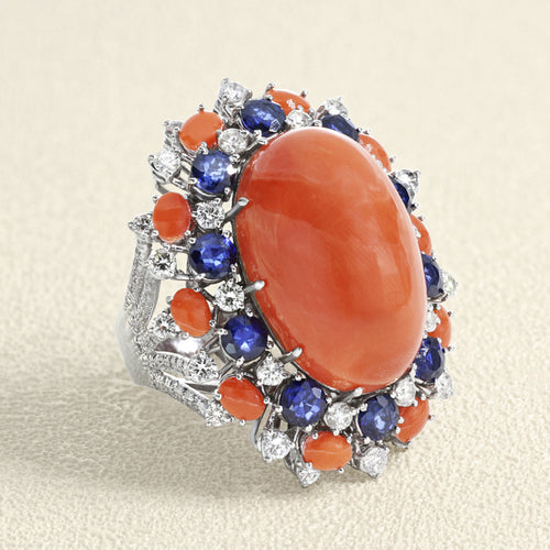 Bague 55 Bague - Corail, saphir et diamants en or gris 750 58 Facettes 61E00408