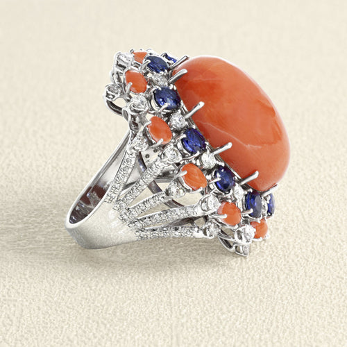 Bague 55 Bague - Corail, saphir et diamants en or gris 58 Facettes 61E00408