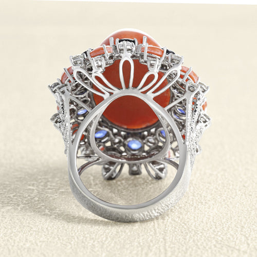 Bague 55 Bague - Corail, saphir et diamants en or gris 58 Facettes 61E00408