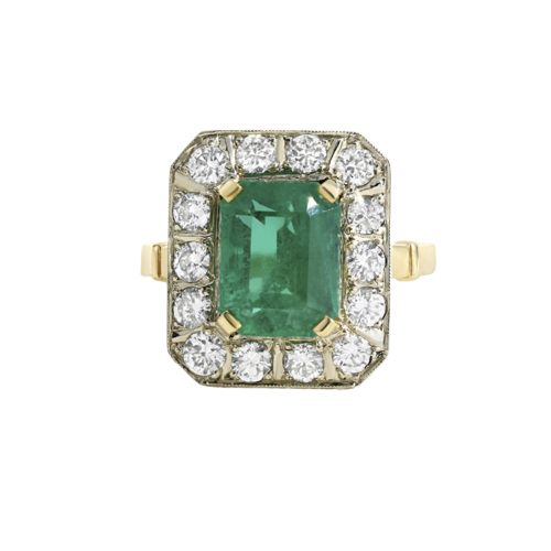 Bague bicolore en or jaune et gris, émeraude et diamants