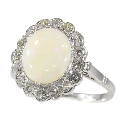 Bague 57 Bague de fiançailles vintage en platine avec diamants et opale 58 Facettes 21019-0035