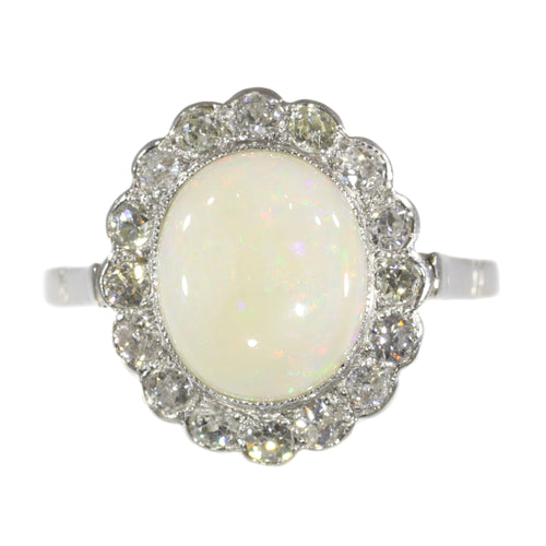 Bague 57 Bague de fiançailles vintage en platine avec diamants et opale 58 Facettes 21019-0035
