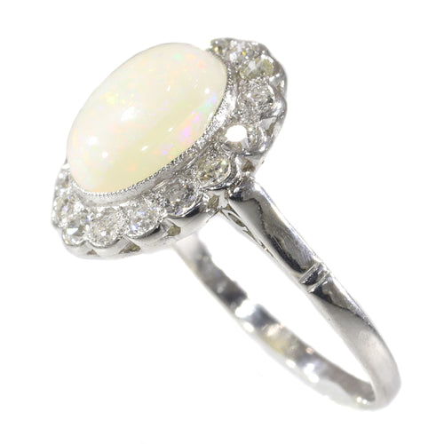 Bague 57 Bague de fiançailles vintage en platine avec diamants et opale 58 Facettes 21019-0035