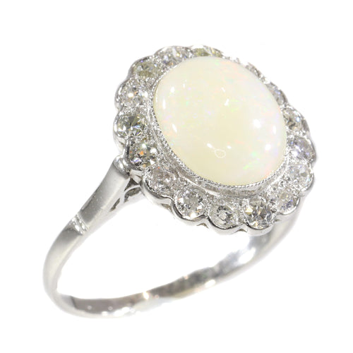 Bague 57 Bague de fiançailles vintage en platine avec diamants et opale 58 Facettes 21019-0035
