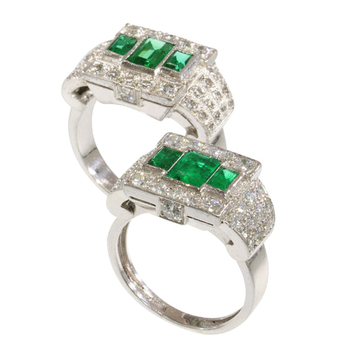Bague 54 Paire de bagues vintage en platine et argent, émeraudes et diamants 58 Facettes 16281-0017