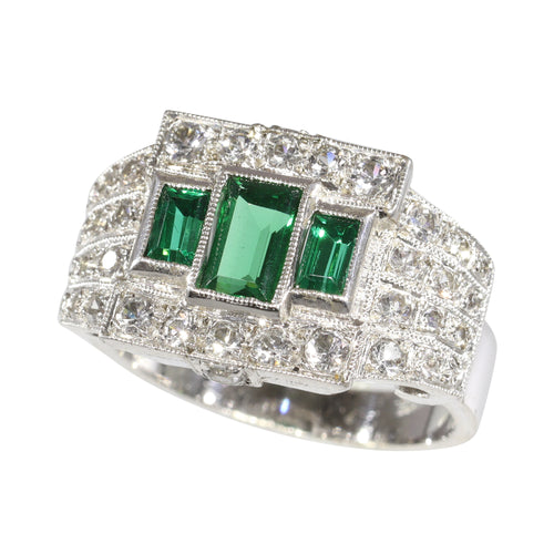 Bague 54 Paire de bagues vintage en platine et argent, émeraudes et diamants 58 Facettes 16281-0017