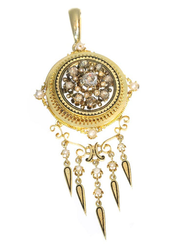 Pendentif Broche-pendentif victorien en or jaune 18K, diamants et perles 58 Facettes 17086-0044