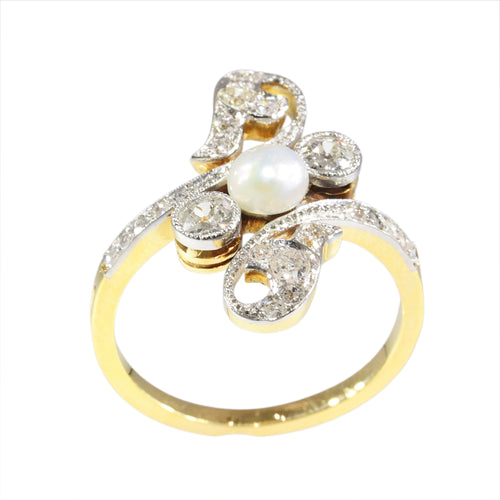 Bague 56 Belle Époque - Bague de fiançailles en or 18K bicolore, diamants et perle 58 Facettes 18054-0231
