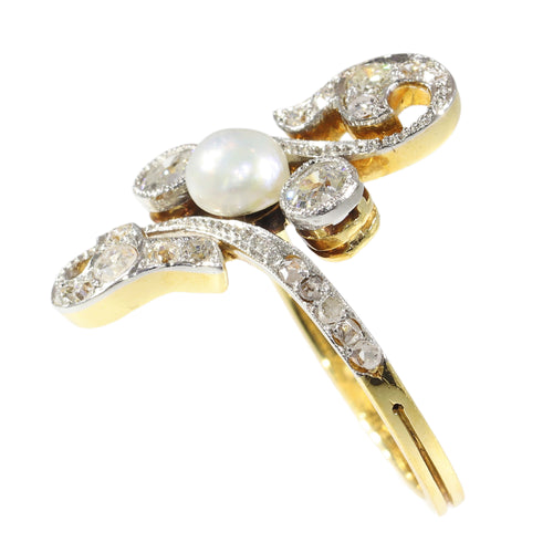 Bague 56 Belle Époque - Bague de fiançailles en or 18K bicolore, diamants et perle 58 Facettes 18054-0231