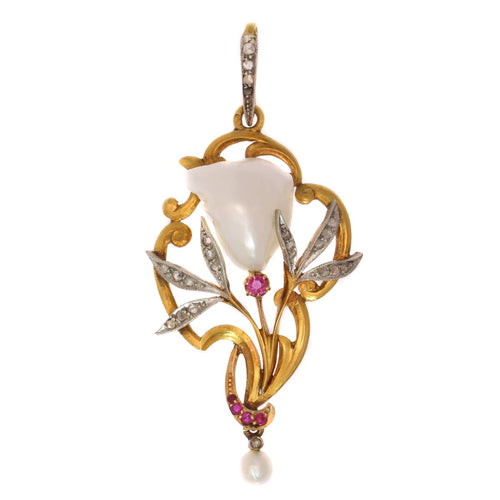 Pendentif Pendentif Art nouveau en or 18K bicolore, perle baroque et rubis 58 Facettes 19063-0047