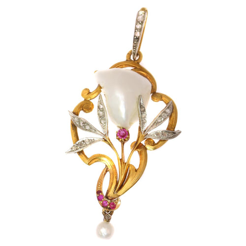 Pendentif Pendentif Art nouveau en or 18K bicolore, perle baroque et rubis 58 Facettes 19063-0047