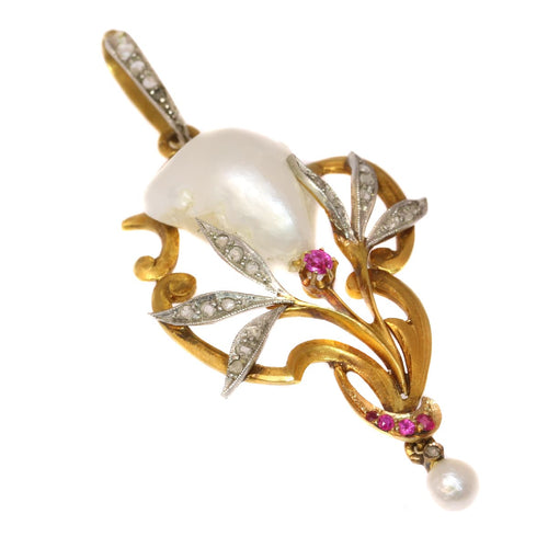 Pendentif Pendentif Art nouveau en or 18K bicolore, perle baroque et rubis 58 Facettes 19063-0047