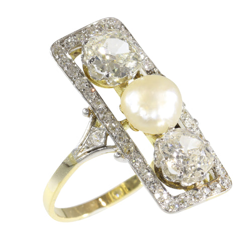 Bague 56 Belle Époque/Art déco - Bague de fiançailles en or jaune 18K, platine, diamants et perle 58 Facettes 19225-0098