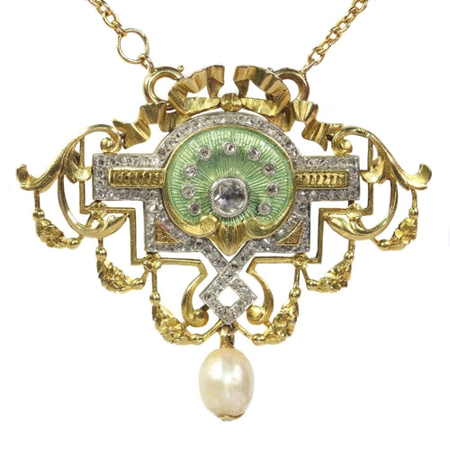Collier Belle Époque - Collier et broche en or jaune 18K, platine, diamants et perles 58 Facettes 20198-0036