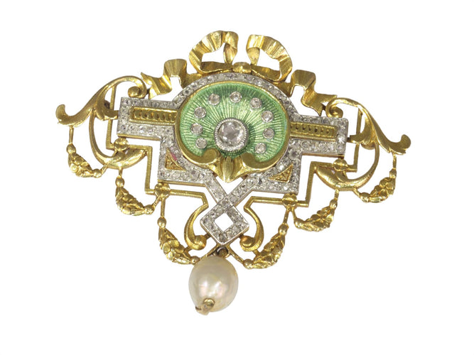 Collier Belle Époque - Collier et broche en or jaune 18K, platine, diamants et perles 58 Facettes 20198-0036