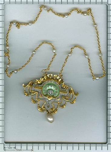 Collier Belle Époque - Collier et broche en or jaune 18K, platine, diamants et perles 58 Facettes 20198-0036