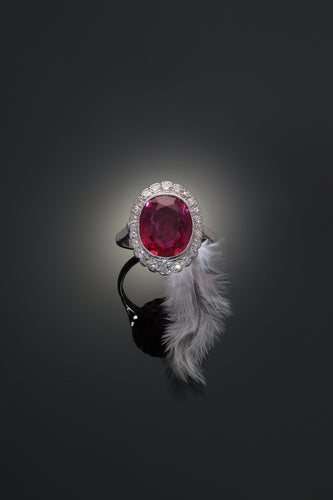 Bague 61 Bague de fiançailles vintage en or 18K bicolore, rubellite 7,09 ct et diamants 58 Facettes 21081-0285