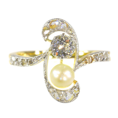 Bague 52 Bague de fiançailles Art nouveau en or 18K, diamants et perle 58 Facettes 21285-0669