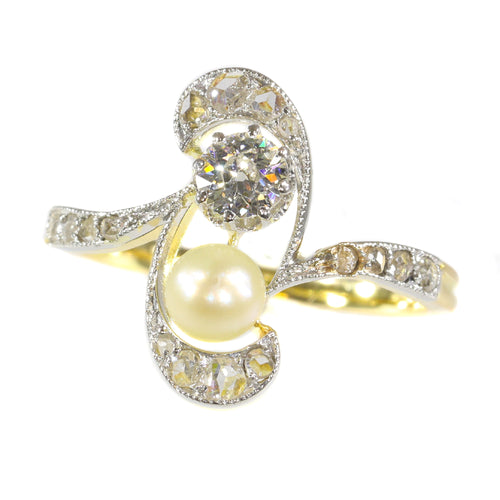 Bague 52 Bague de fiançailles Art nouveau en or 18K, diamants et perle 58 Facettes 21285-0669