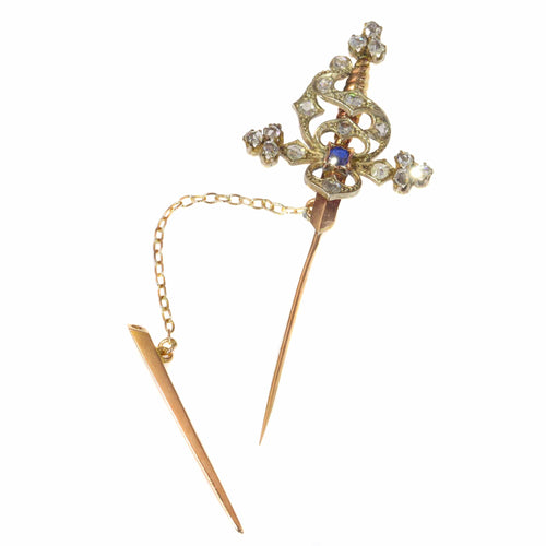 Broche Broche épée vintage en or rouge 18k, argent, diamants et saphir 58 Facettes 21309-0733