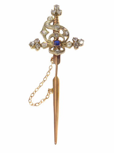 Broche Broche épée vintage en or rouge 18k, argent, diamants et saphir 58 Facettes 21309-0733