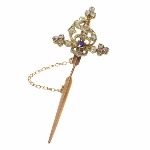 Broche Broche épée vintage en or rouge 18k, argent, diamants et saphir 58 Facettes 21309-0733