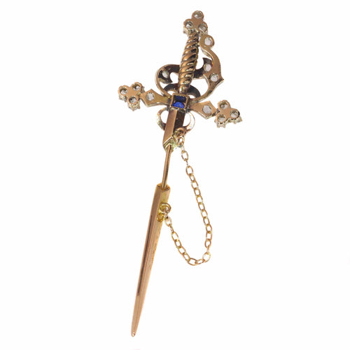 Broche Broche épée vintage en or rouge 18k, argent, diamants et saphir 58 Facettes 21309-0733