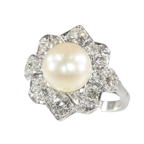Bague 50 Bague Art déco belge en platine avec diamants et perle de culture 58 Facettes 22132-0317