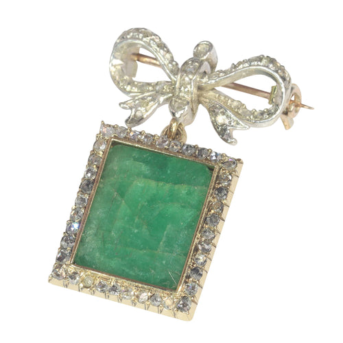 Broche Broche nœud victorienne en argent sur or jaune 18K, diamants et émeraude 58 Facettes 22089-0098