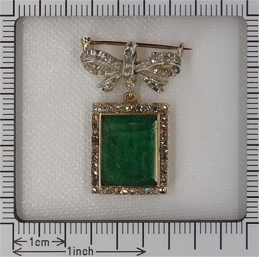 Broche Broche nœud victorienne en argent sur or jaune 18K, diamants et émeraude 58 Facettes 22089-0098
