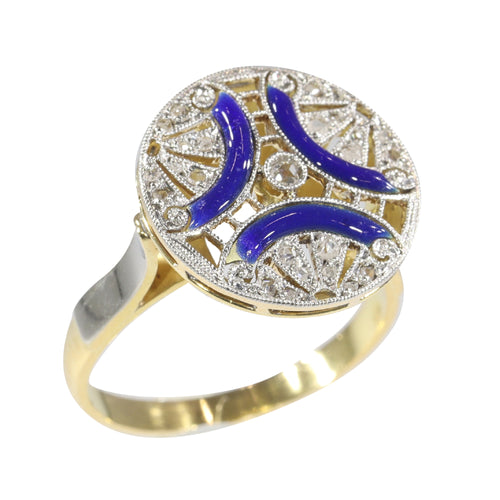 Bague 50 Bague Art déco vintage en or jaune 18K, diamants et émail bleu 58 Facettes 22236-0281