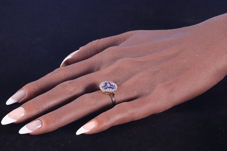 Bague 50 Bague Art déco vintage en or jaune 18K, diamants et émail bleu 58 Facettes 22236-0281